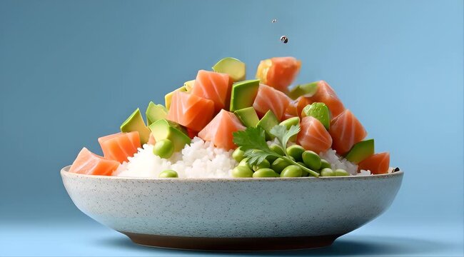 Fresh salmon and avocado poke bowl with rice and edamame