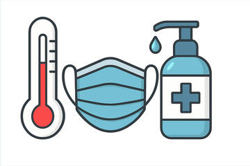 Fototapeta premium An illustration featuring a thermometer with a high temperature reading, a blue medical face mask, and a bottle of hand sanitizer, representing health and safety measures.