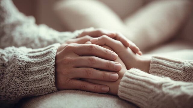 Video of two pairs of hands gently holding on table expressing support comfort empathy and emotional connection
