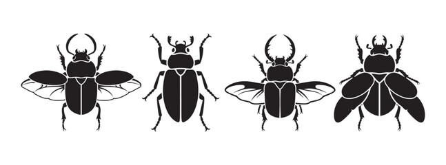 Four Stag Beetle Silhouettes with Open Wings, Black Icons on White Background