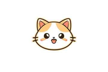 Obraz premium A kawaii illustration of a black and tan cat face with large expressive eyes and a pink tongue sticking out. The stylized feline character is set against a solid black background.