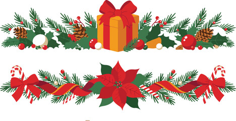 Christmas Garland Outline Icons  Pine, Poinsettia & Holiday Decorations © MSTZOWRON