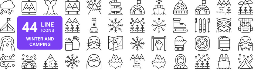 Set of 44 thin line winter camping and arctic wildlife icons. Weather, outdoor adventure, polar animals. Vector illustration with editable stroke © MacroOne