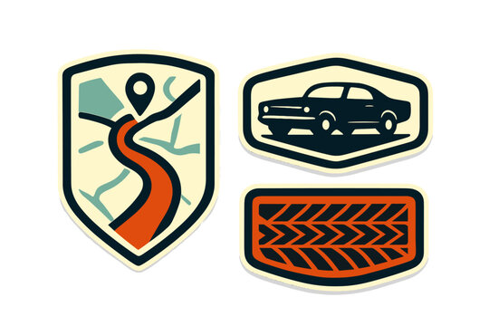 A set of three vintage-style automotive badges featuring a winding road map with a location pin, a classic car silhouette, and a detailed tire tread pattern in a retro color palette.