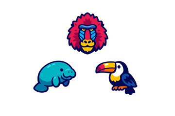 Fototapeta premium A collection of three colorful animal stickers featuring a mandrill, a manatee, and a toucan. Each illustration has a bold white border and vibrant colors on a black background.
