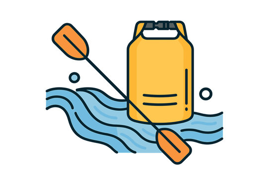 A vector illustration featuring a yellow waterproof dry bag and an orange double-ended paddle over stylized blue water waves. This graphic depicts outdoor water sports and adventure.