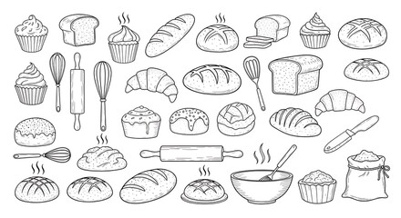 A collection of various baked goods, tools, and ingredients drawn in black and white