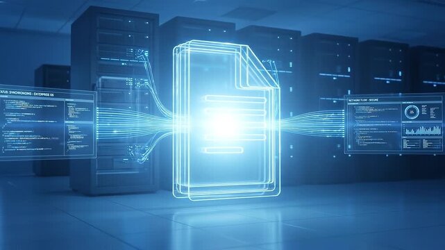 Glowing digital file transferring data between server racks with streaming light trails and floating holographic code panels connecting hologram document icon to server rack network cables for secure