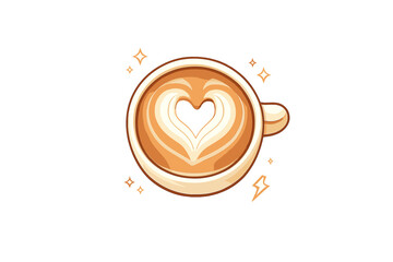 A digital illustration features a top-down view of a coffee cup with a heart-shaped latte art design, accented by glowing stars and sparkles against a dark backdrop.