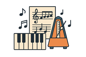 This graphic shows a piano keyboard, sheet music with notes, and a classic orange metronome. Floating musical notes surround the composition on a solid black background.