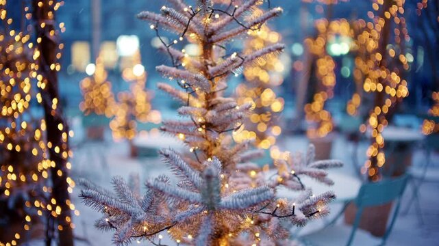 Close up of a small Christmas tree covered in snow and decorated with warm string lights outdoors