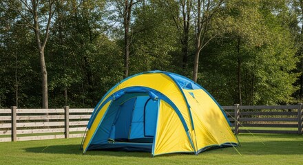 Bright yellow and blue dome tent set up in a serene woodland area