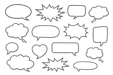 Fototapeta premium A set of white speech bubbles and thought clouds with black outlines isolated on a black background. The collection features various shapes like hearts, bursts, and rounded rectangles.