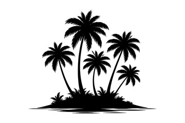 Obraz premium Tropical island silhouette with palm trees and ocean reflection.