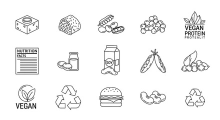 A line art collection showcasing vegan foods like soy, cheese, and recycling symbol