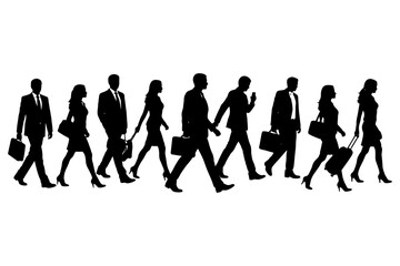 Silhouettes of business professionals walking with briefcases.