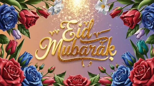Eid Mubarak greeting card with floral border and golden text on colorful background