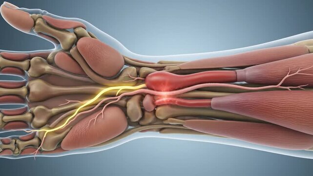 Human arm anatomy with highlighted median nerve and inflammation near wrist on blue gradient background for medical education