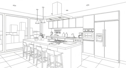 Modern Kitchen Design Sketch with Island and Appliances. © Madi