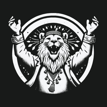 Lion Shaman in Ritualistic Attire: A Symbolic Black and White Illustration.