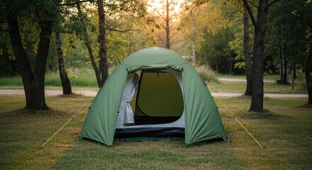 Cozy green tent set up in a serene park with a bed inside and sunlight filtering through trees