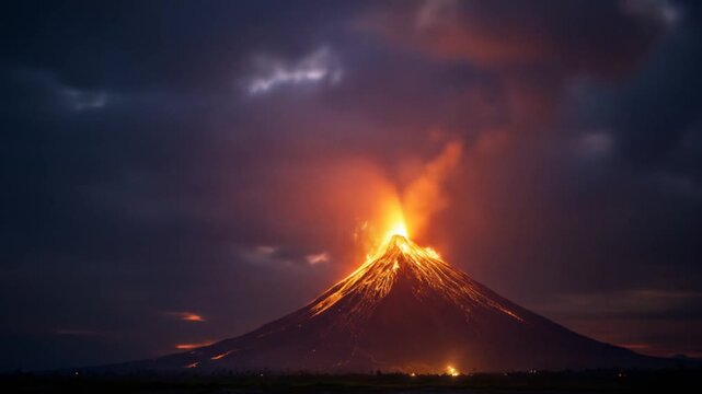 Dramatic volcano eruption at night with fiery lava and dark sky