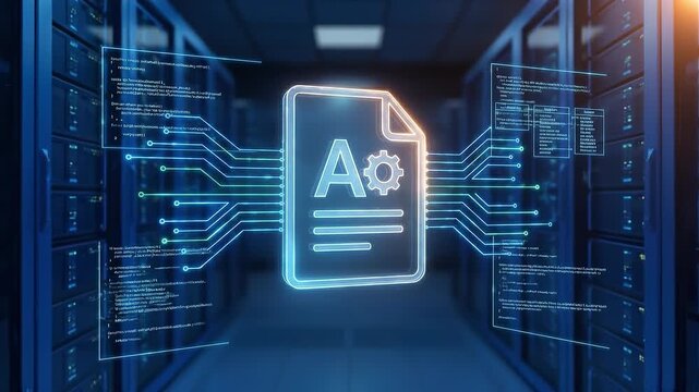 AI document icon glowing server room with gear and data streams, futuristic digital document file automation and secure cloud integration for server network transfer of data and intelligent file