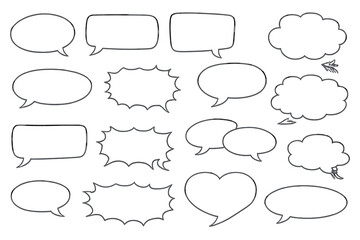 A collection of various hand-drawn white speech bubbles and thought clouds with grey shadows isolated on a black background. The set includes oval, rectangular, and jagged shapes.