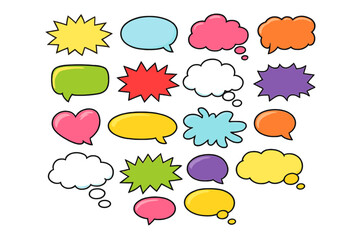 Obraz premium This illustration features a variety of vibrant comic book speech bubbles and thought clouds in multiple colors and shapes, isolated on a plain black background for easy use.