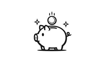 Fototapeta premium This minimalist black and white line drawing depicts a classic piggy bank with a coin dropping into the top slot, accompanied by decorative sparkles on a plain white background.
