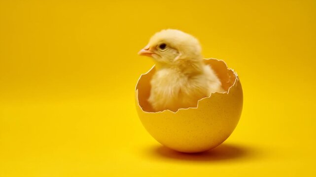 baby chick hatching from egg on yellow.