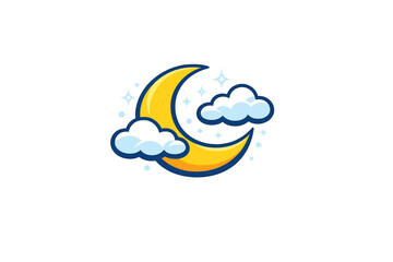 Naklejka premium A stylized cartoon illustration featuring a bright yellow crescent moon nestled among light blue clouds and twinkling white stars, set against a solid black background.