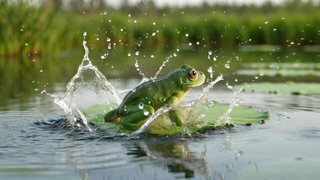 Green frog captured midjump into water with splash effect on lilypad