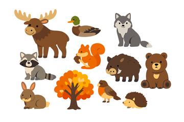 Fototapeta premium A collection of cute cartoon forest animals including a moose, bear, wolf, and raccoon, alongside an autumn tree with orange leaves, isolated on a black background.