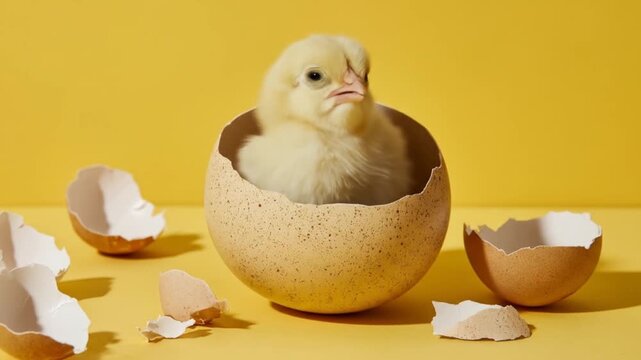 Yellow chick hatching from egg on yellow background.