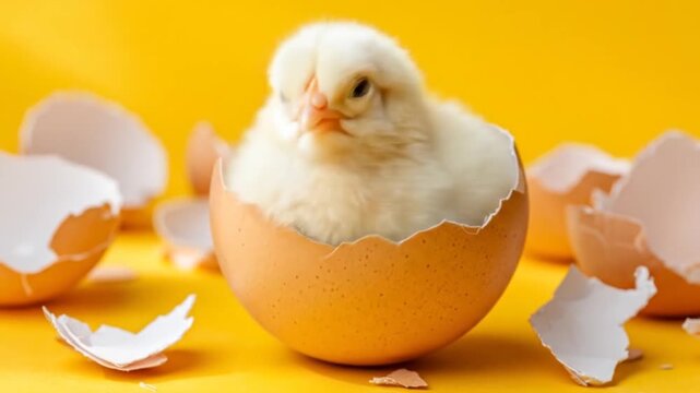 hatching chick in eggshell on yellow background.
