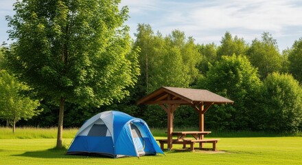Serene camping spot with a blue tent and picnic pavilion in a lush green forest
