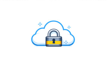 Fototapeta premium This illustration features a white cloud with a blue border and a grey padlock with a yellow stripe, symbolizing secure data storage and cybersecurity on a black backdrop.