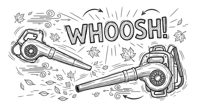 Black & white illustration showing a handheld and backpack leaf blowers blowing leaves with "WHOOSH!" text