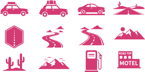 Collection of road trip and travel icons featuring cars desert landscapes winding roads and motel symbols isolated on transparent background © MURSHIDUR RAHMAN