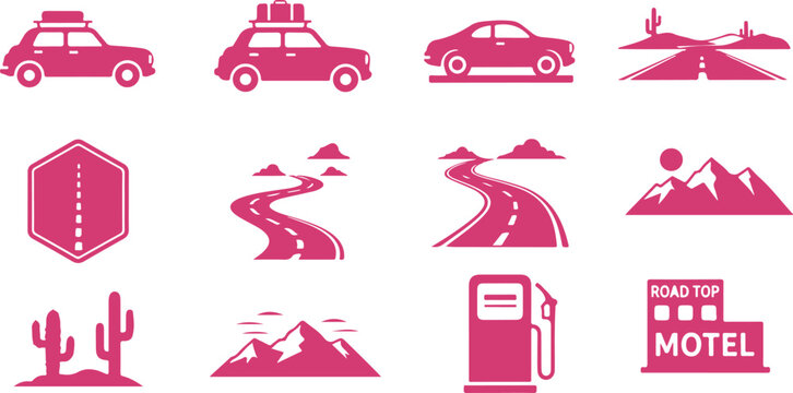 Collection of road trip and travel icons featuring cars desert landscapes winding roads and motel symbols isolated on transparent background