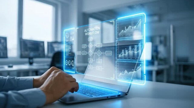 Automation workflow holographic dashboard display above laptop with flowchart analytics chart graph and hands typing keyboard modern office showing transparent data overlays conveying productivity