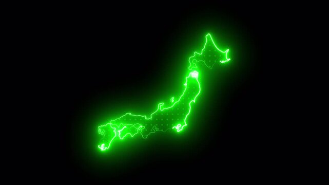 Green Neon Japan Map Outline Animation in Cyber Tech Style, Isolated on Alpha Background, 4K Seamless Video Loop.