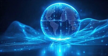 Obraz premium Glowing globe represents digital world. Bright lines suggest data flow, connectivity, future technology. Dark background enhances luminescence.