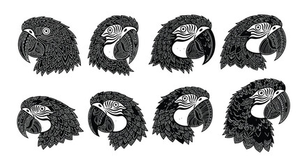 Stylized black and white illustrations of macaw parrot heads in a grid © MdNirob