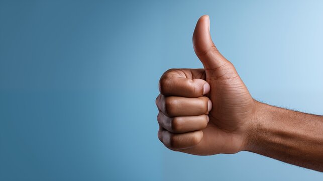 Hand showing thumbs up gesture on blue background as approval and positive feedback concept