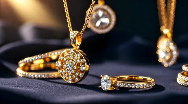 Gold and diamonds jewelry's decoration views. Chain, Necklace, Bracelet, Earrings, finger ring, etc isolated on black background.