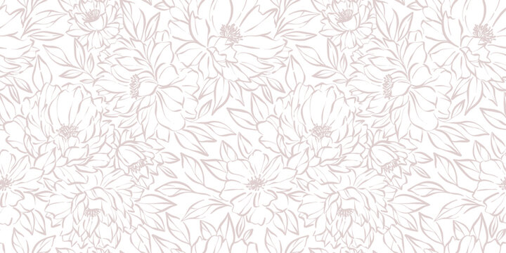 Vintage inky line art artistic floral pattern, botanical flower seamless pattern background light neutral beige