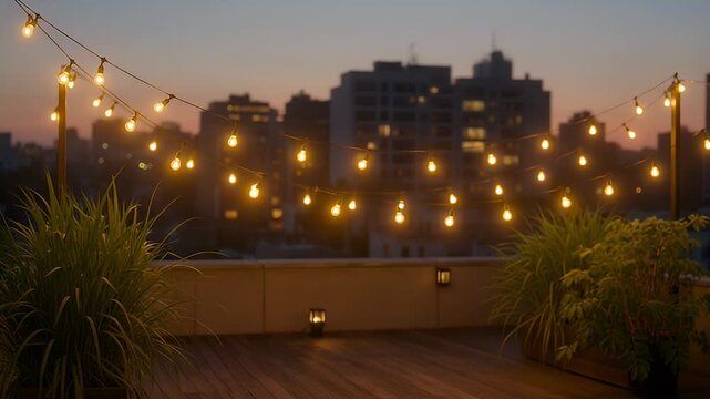 Rooftop evening ambiance with warm string lights, greenery and city buildings