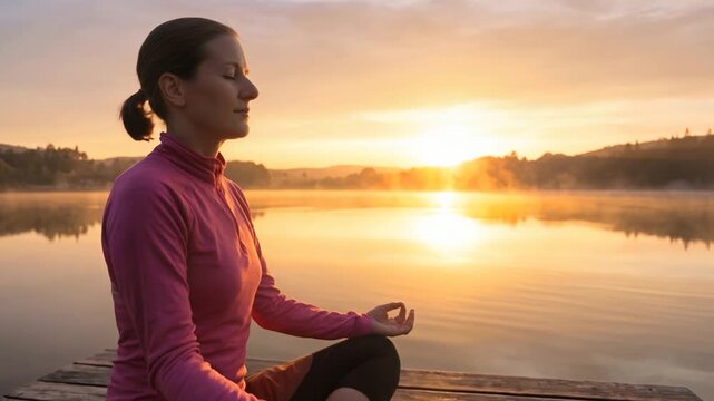Peaceful woman meditating in lotus position on a lake dock at dawn